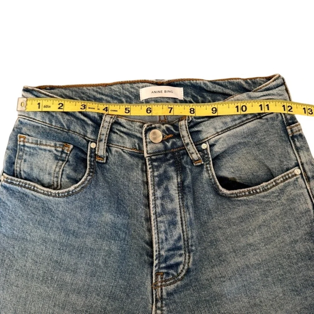 Anine Bing‎ High Rise Flare Jeans Light Wash Blue Raw Hem Size 24 Button Fly